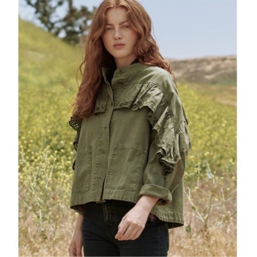 The Great Army Jacket Army Green Eyelet Ruffle Utility Cotton Womens Size 1 S